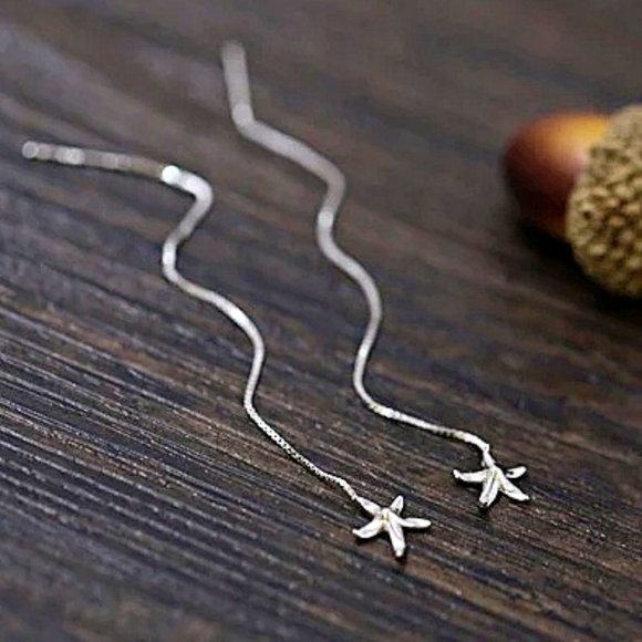 Sterling Silver Starfish Dangle Drop Threader Earrings - Picture 5 of 6
